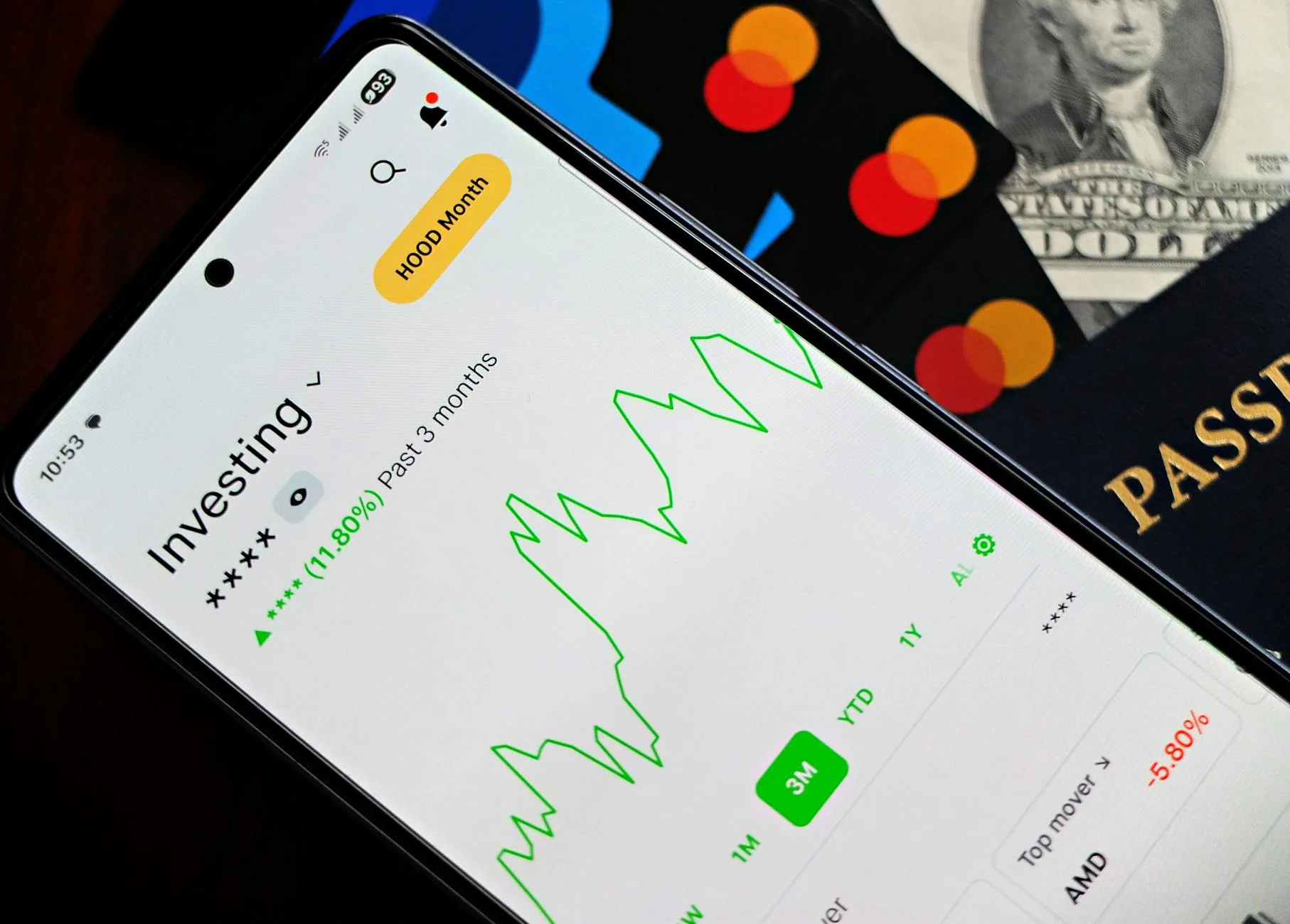 A smartphone showing an investment app with green growth indicators, surrounded by credit cards, US dollars, and a passport.